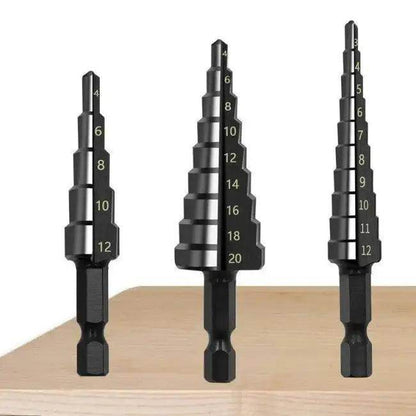 Black Hexagonal Shank Straight Slot Step Drill Bit Set of Three for Precision Metalwork - Estalios
