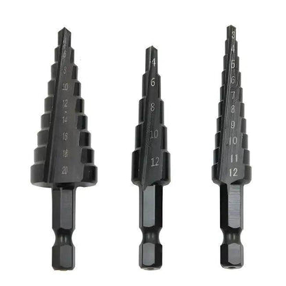 Black Hexagonal Shank Straight Slot Step Drill Bit Set of Three for Precision Metalwork - Estalios