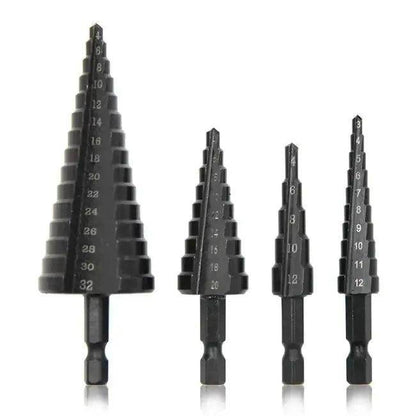 Black Hexagonal Shank Straight Slot Step Drill Bit Set of Three for Precision Metalwork - Estalios