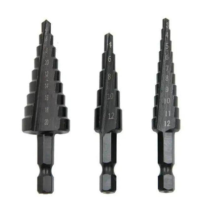 Black Hexagonal Shank Straight Slot Step Drill Bit Set of Three for Precision Metalwork - Estalios