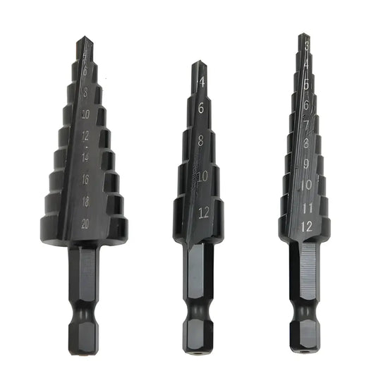 Three black hexagonal shank straight slot step drill bits for versatile drilling