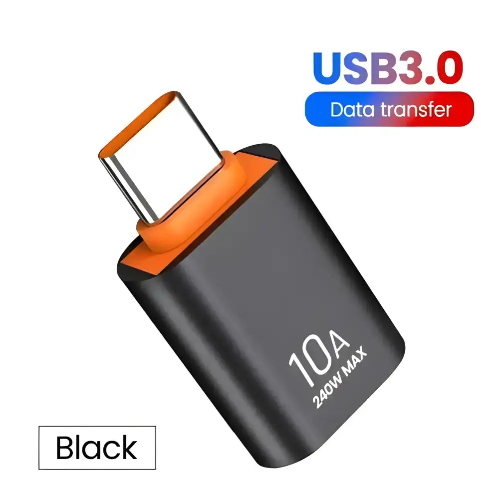 Black and orange USB adapter for fast charging with 10A OTG USB and Type C OTG features