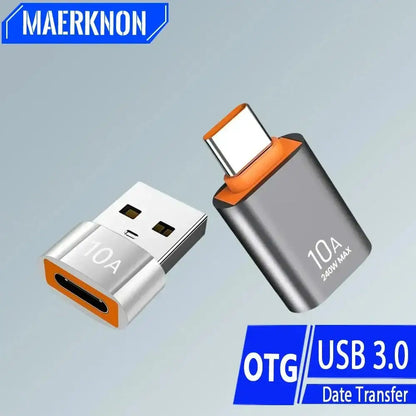 Two USB adapters showcasing the Black Type C OTG Adapter 10A Fast Charging USB