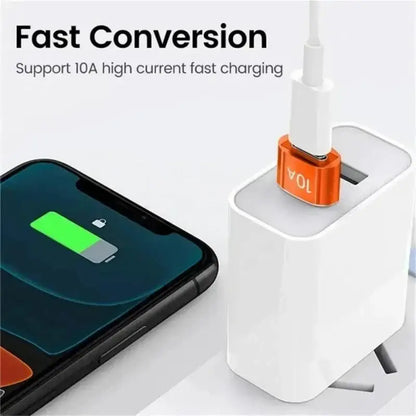 White USB charger with orange adapter for the Black Type C OTG Adapter 10A Fast Charging USB