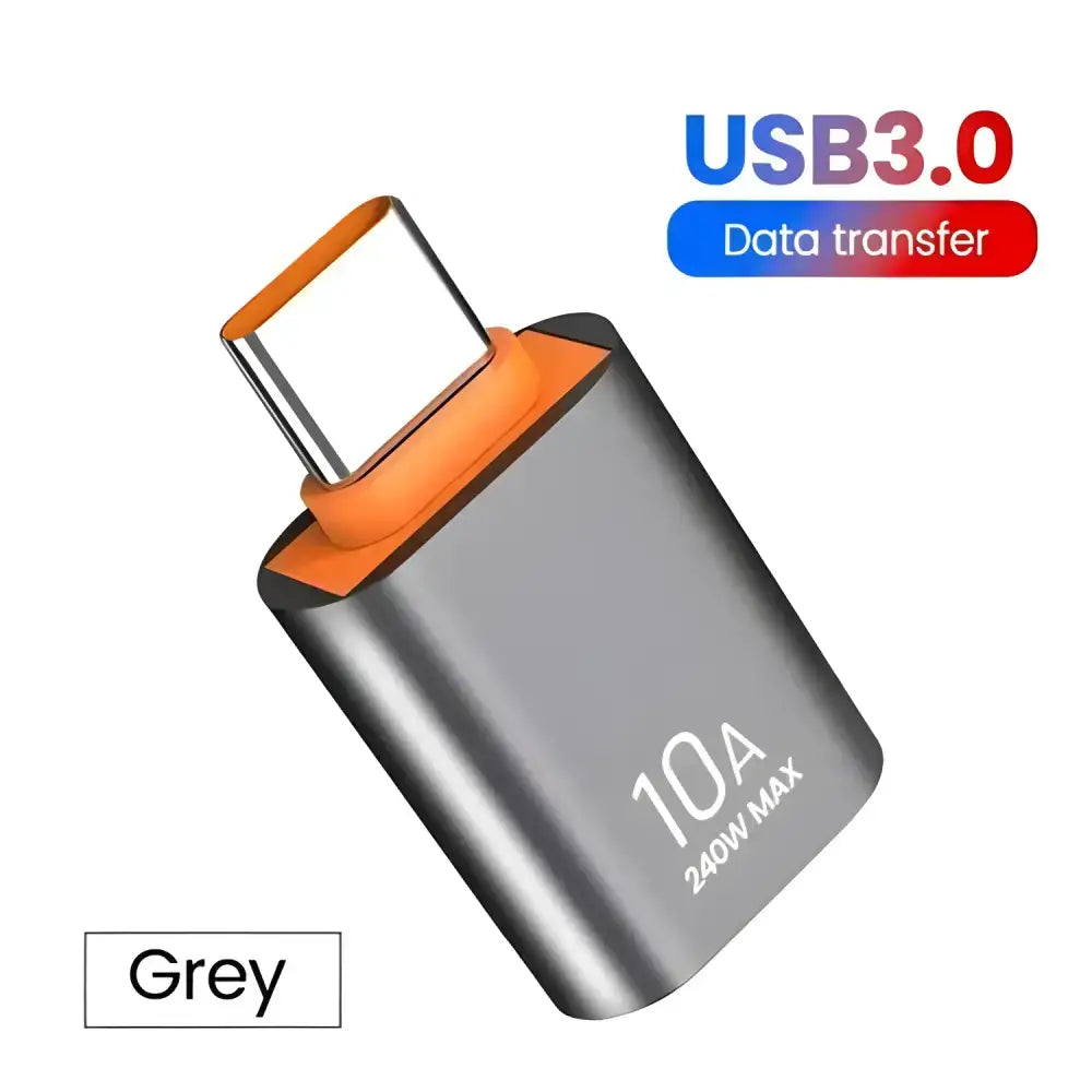 Gray USB-C OTG adapter with orange accents for fast charging, perfect for 10A OTG USB use