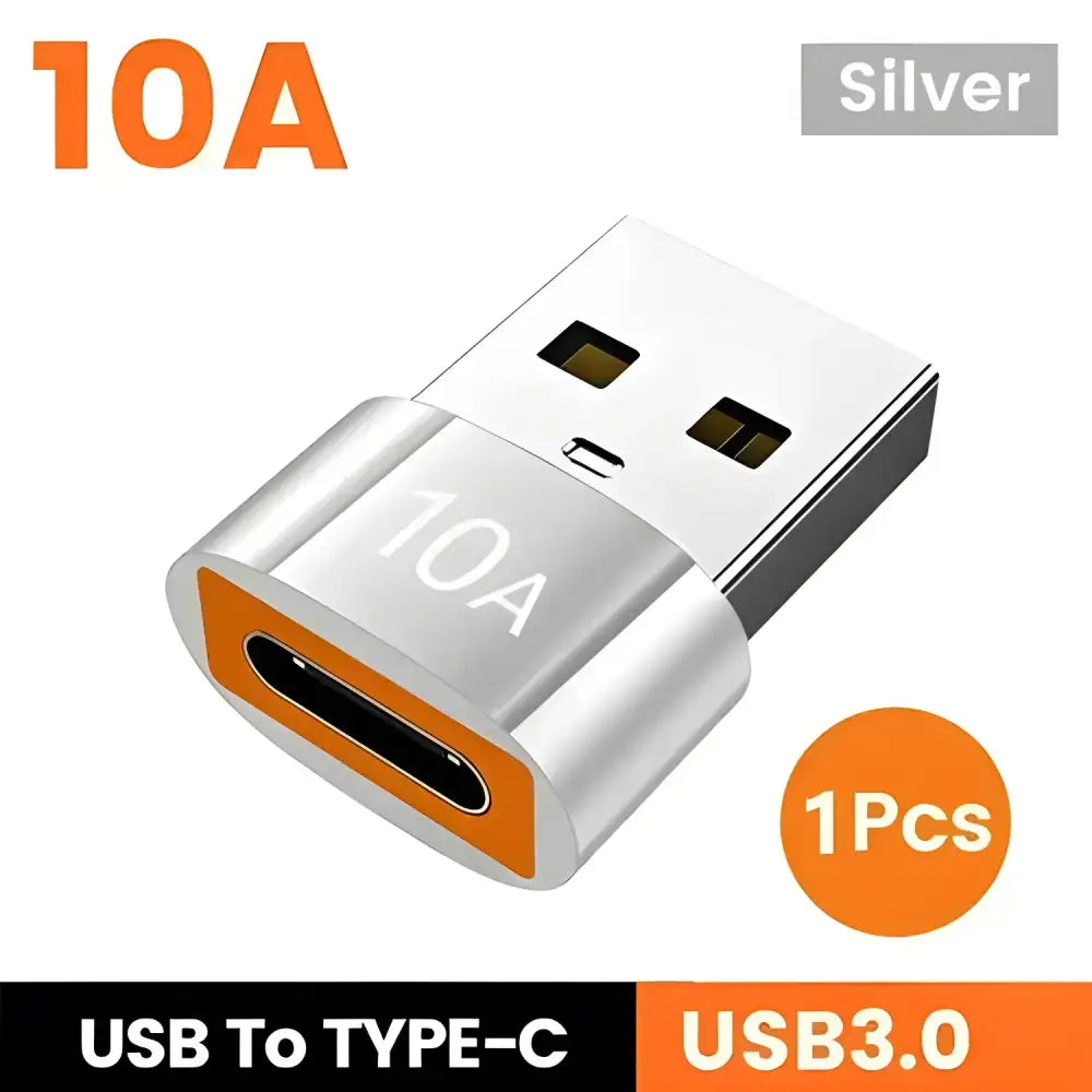 Silver USB to Type-C adapter for 10A OTG USB, perfect for fast charging