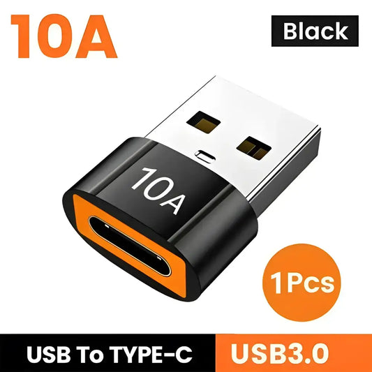 Black USB to Type-C adapter for fast 10A OTG USB charging and data transfer