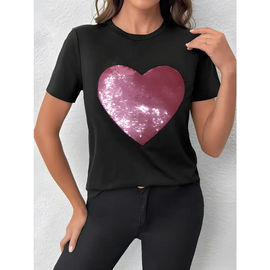 Black Valentine Sequin Heart Tee featuring a stylish heart-shaped crew design