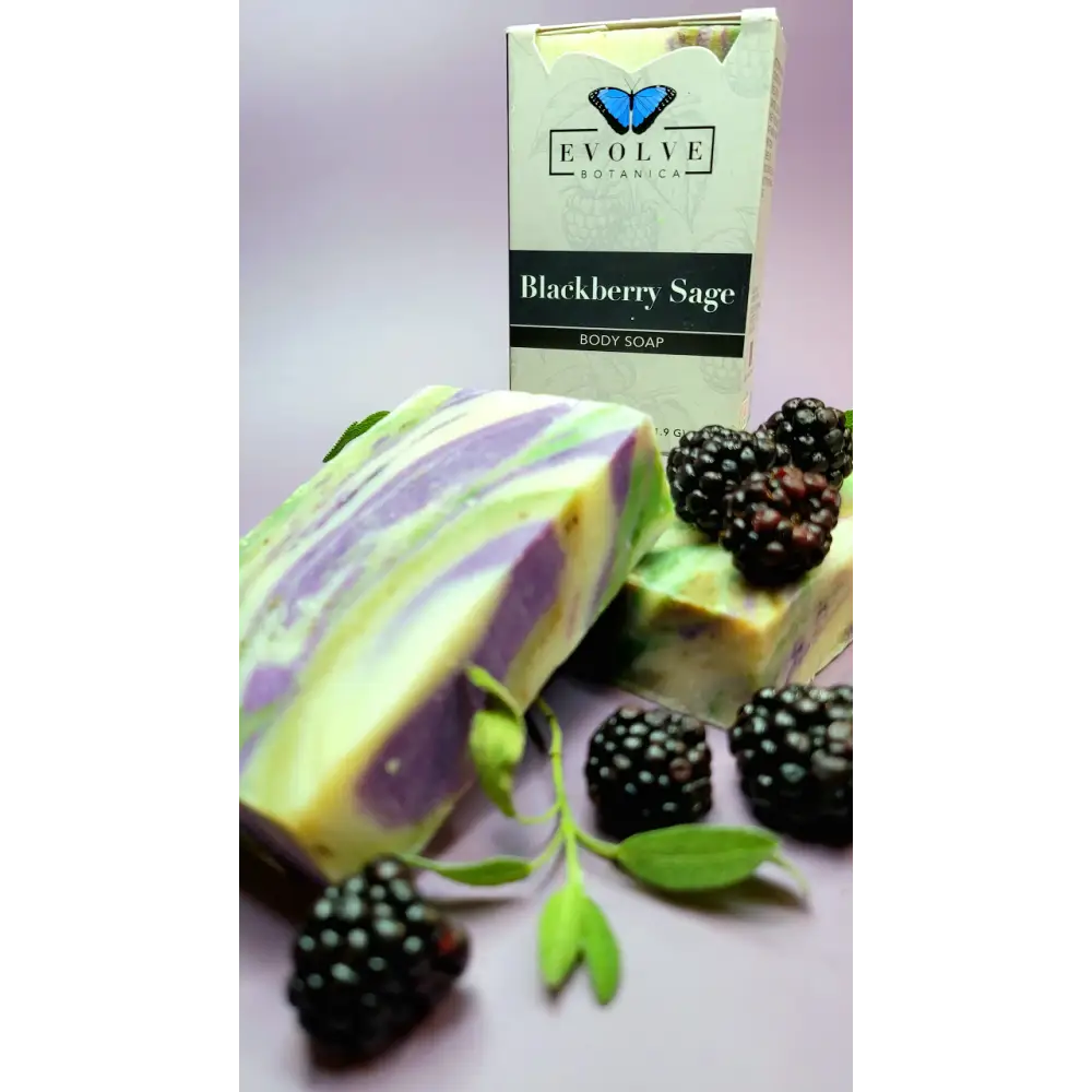 Blackberry Sage Standard Herbal Skin Treat soap with blackberries and stylish box