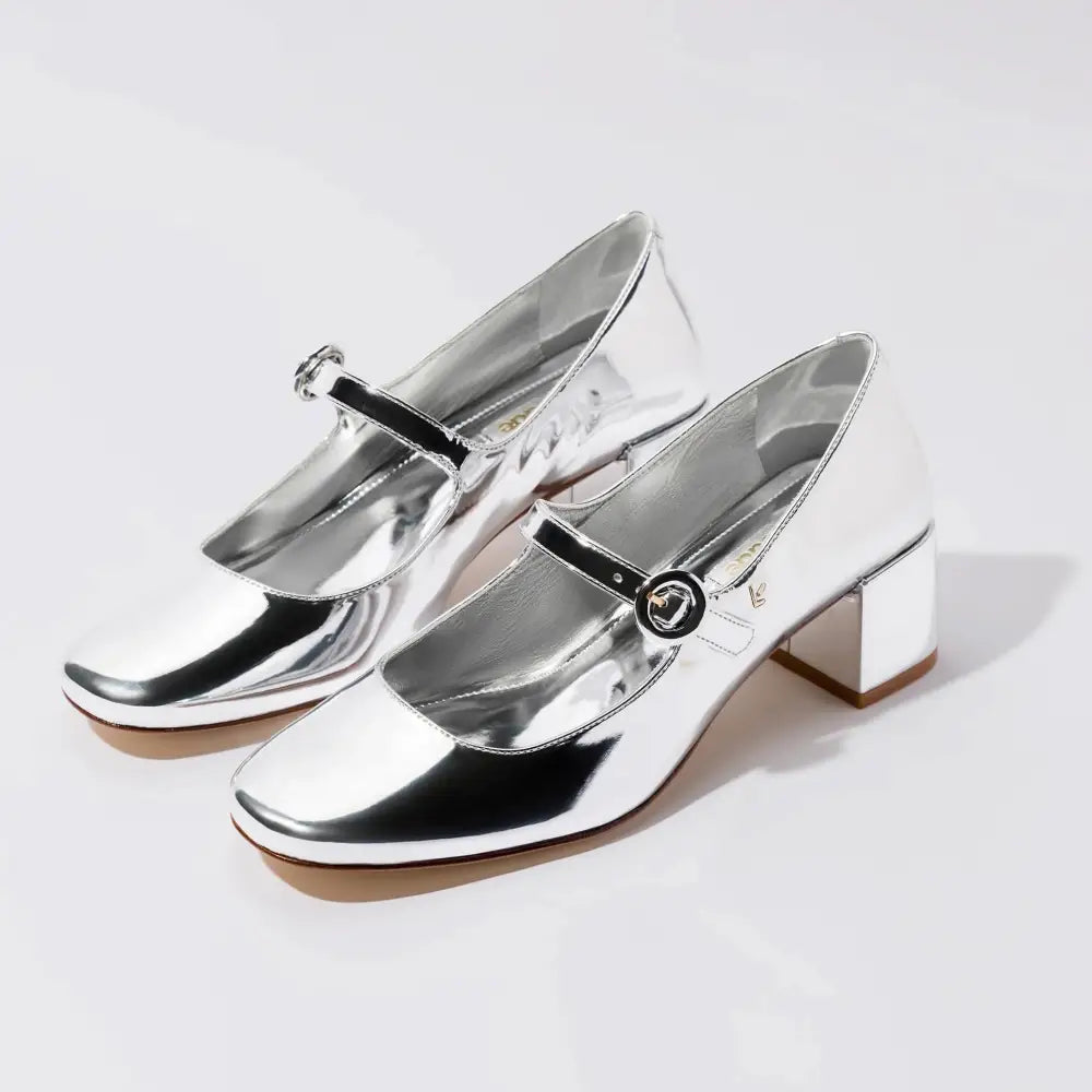 Stylish Silver Mary Jane heels, perfect for a chic look with Blair Block Pump flair