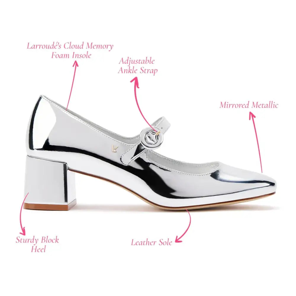 Stylish Silver Mirrored Metallic Mary Jane Shoes, perfect for trendy Blair Block Pumps