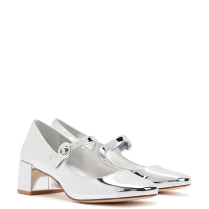 Stylish Silver Mary Jane heels for women, featuring the Blair Block Pump design