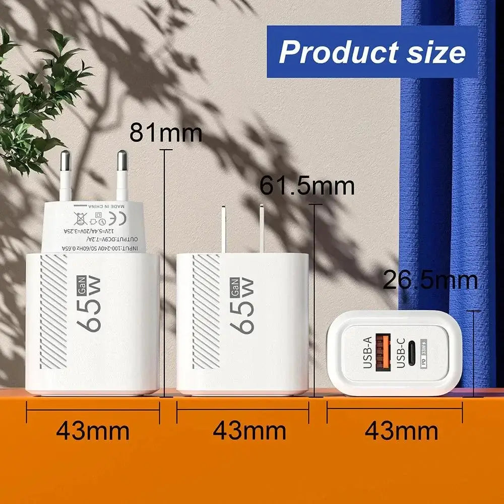 Dimensions of the White 65W GaN Charger USB for fast charging high efficiency