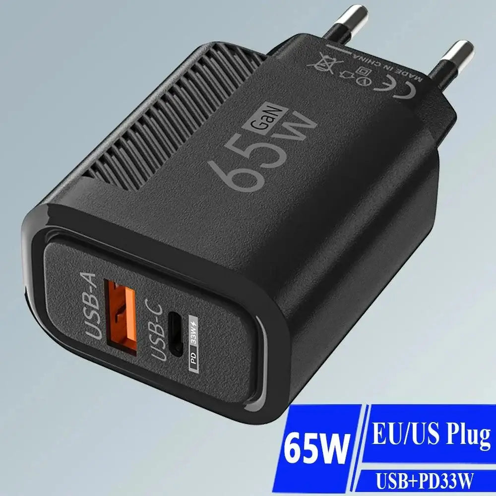 Black 65W GaN Charger with USB-A and USB-C for fast charging high needs