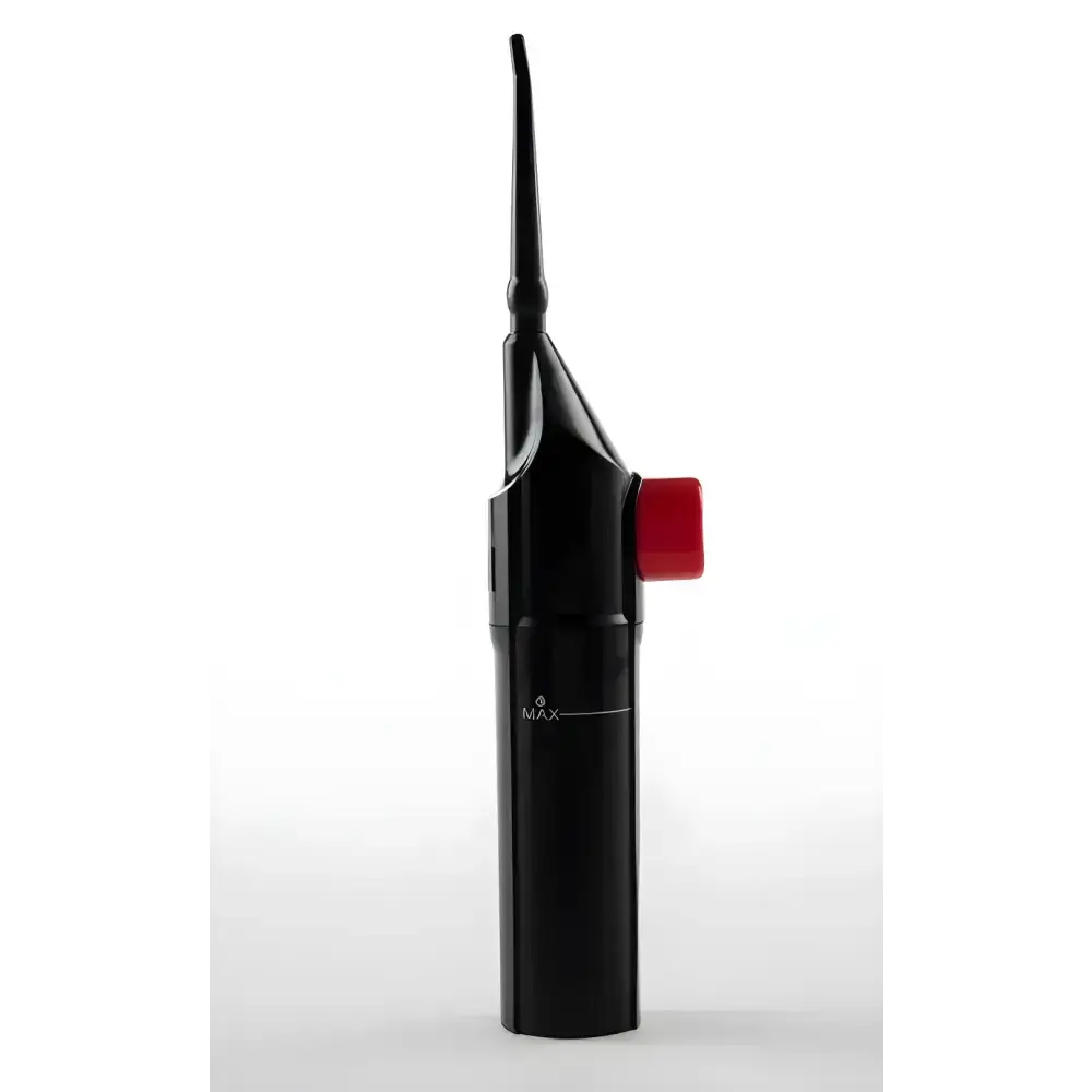 Black Blast Away Plaque Portable Oral Irrigator with red button for effective teeth cleaning