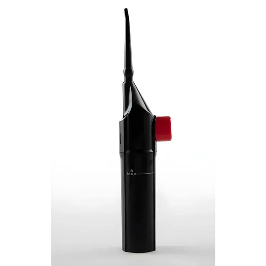 Black Blast Away Plaque Portable Oral Irrigator with red button for effective teeth cleaning