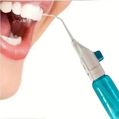 Water flosser in action with Blast Away Plaque portable oral irrigator for healthy teeth