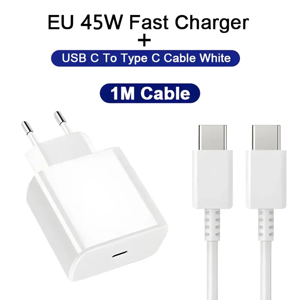 White 45W USB charger with USB-C cable for Samsung Galaxy S23 Ultra fast charging