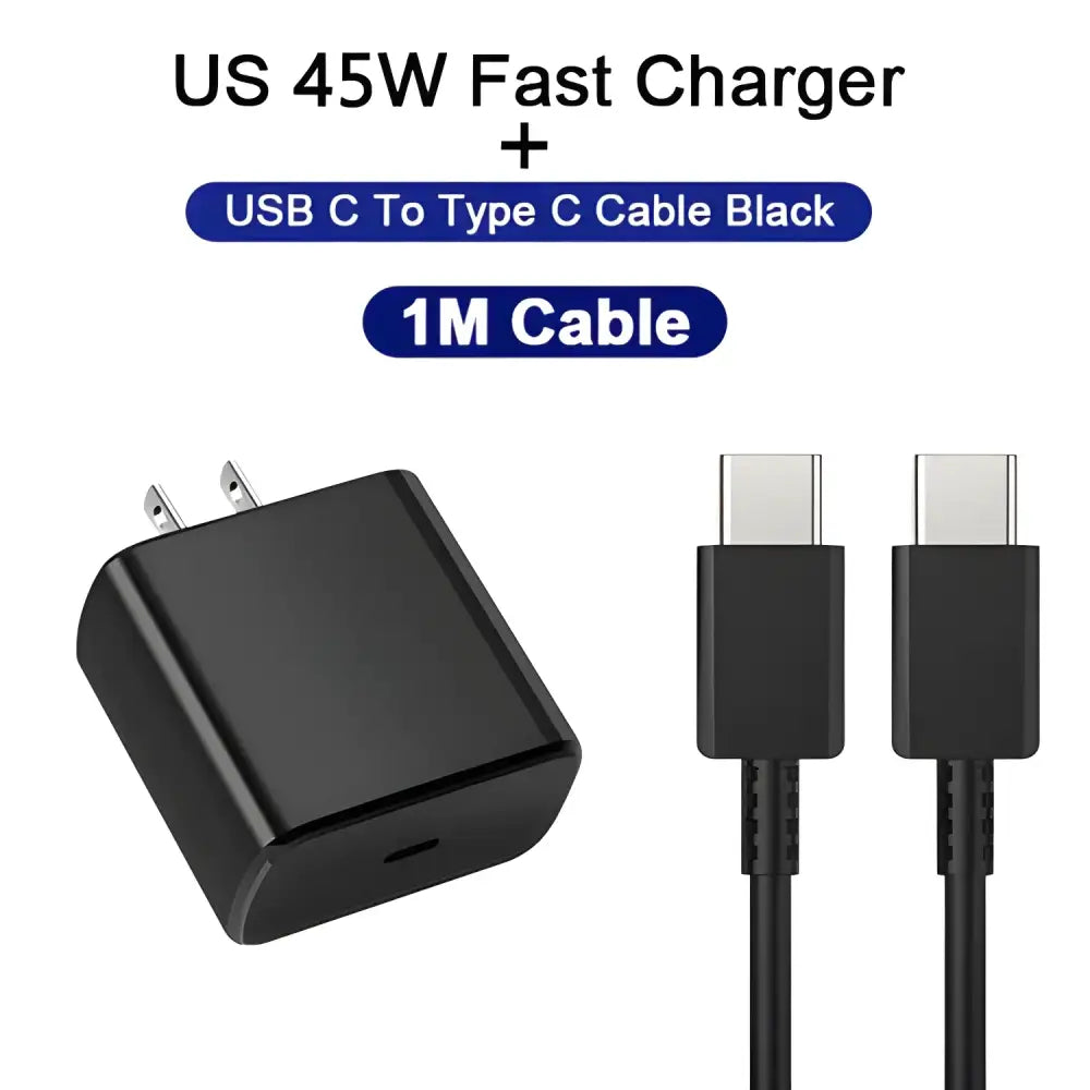 Black USB-C charger and cable for Samsung Galaxy S23 Ultra with 45W USB Charger