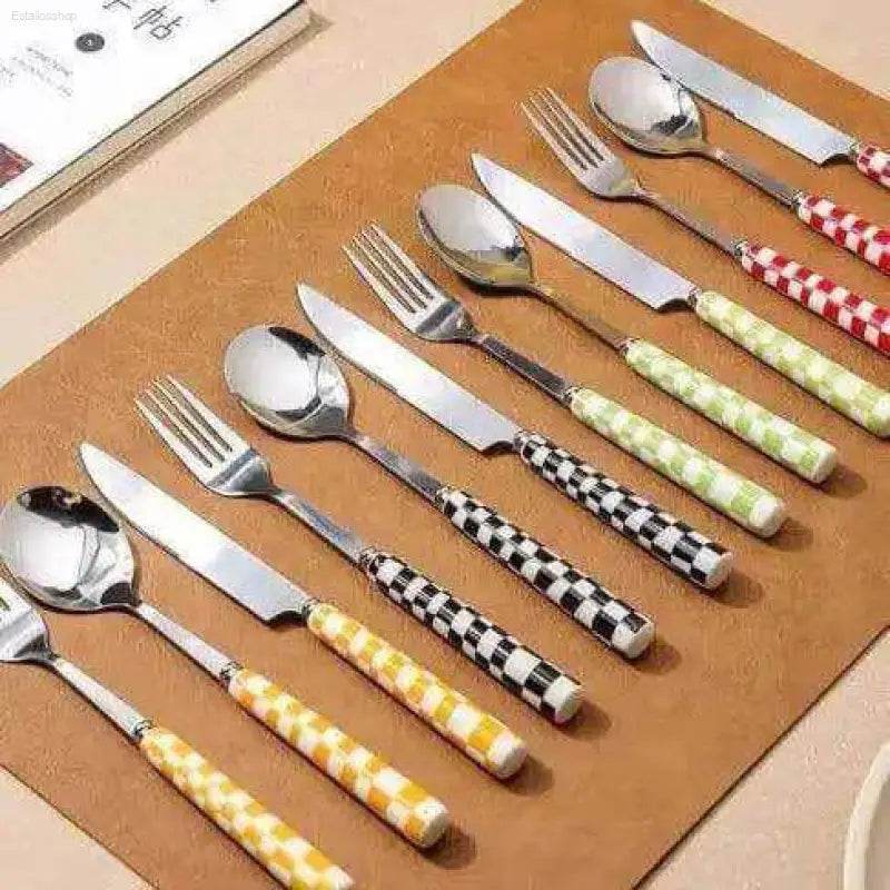 Colorful checkered flatware set.