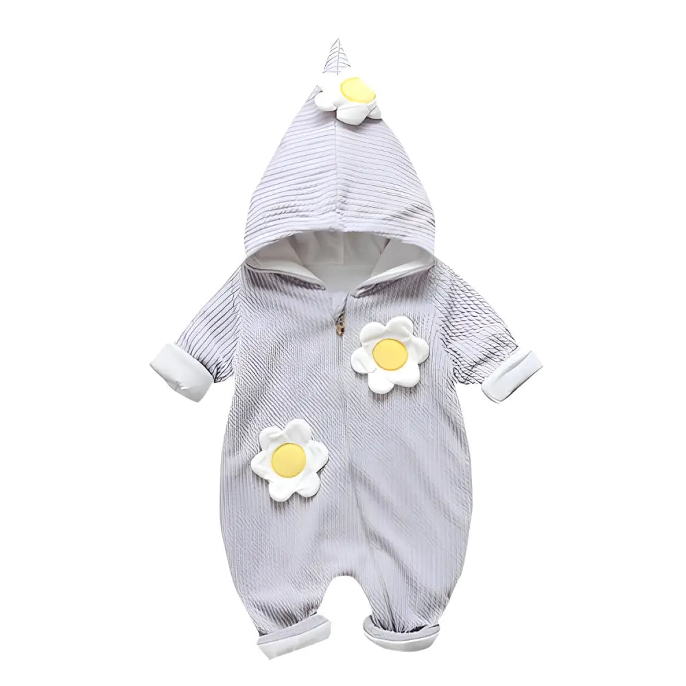 Gray hooded Baby Romper with flower accents from Blooming Cute for stylish newborns