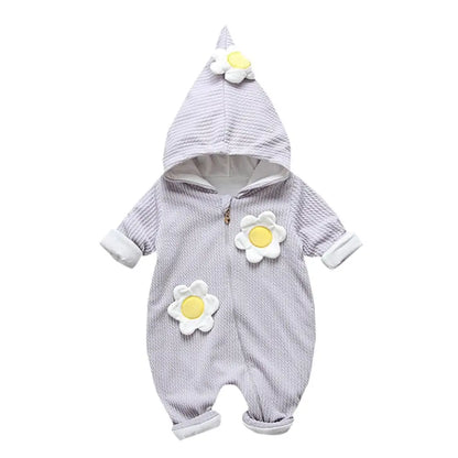 Gray hooded baby romper with flower accents from Blooming Cute Baby Rompers collection