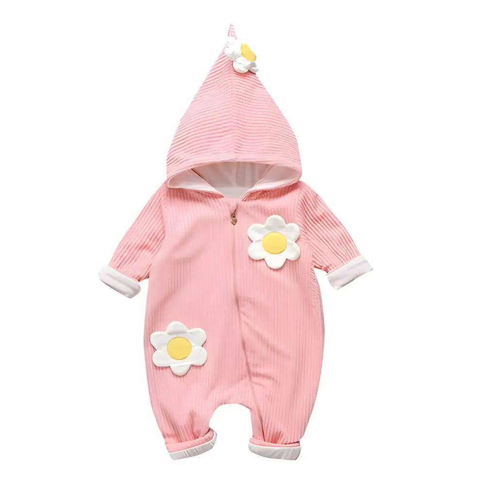 Adorable pink hooded baby romper with flower accents perfect for newborns and baby girls