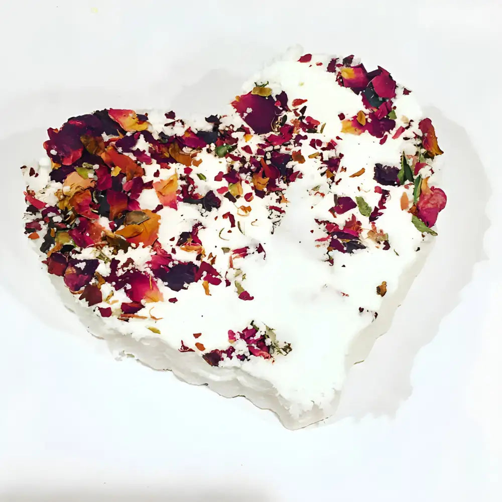 Heart-shaped Blooming Rose Heart Bath Bomb with rose petals for a relaxing organic bath