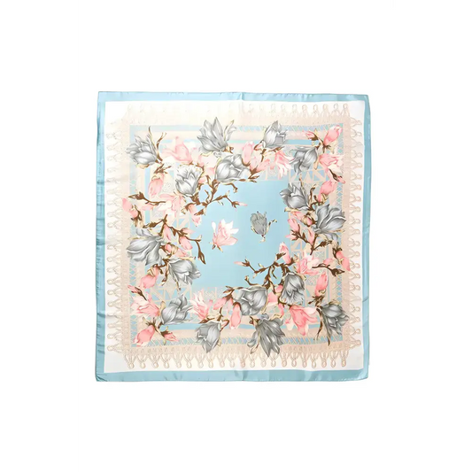 Floral printed silky square scarf called Blooming Silky Square Scarf displayed stylishly