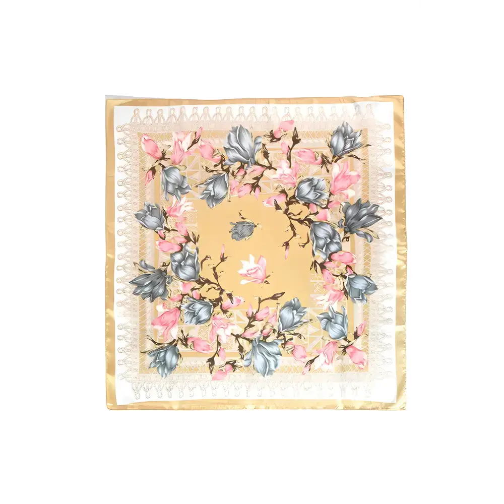 Blooming Silky Square Scarf featuring a floral printed silky design with gold trim