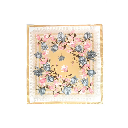 Blooming Silky Square Scarf featuring a floral printed silky design with gold trim