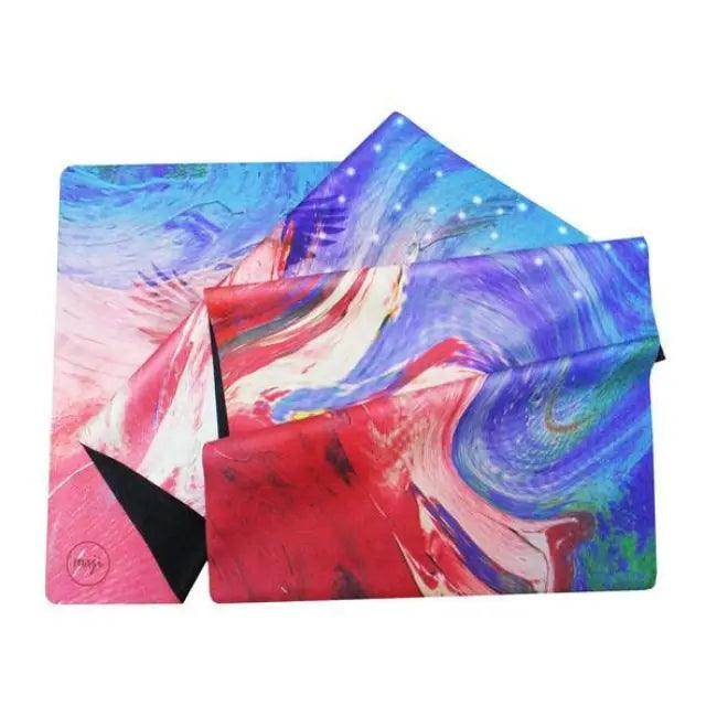 Blue and White Marbled Tropical Rubber Travel Yoga Mat with Leaf Pattern - Estalios