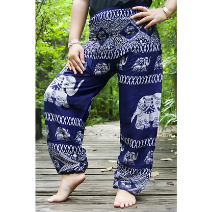 Blue Elephant Harem Pants with elastic waist, perfect for comfy and stylish wear