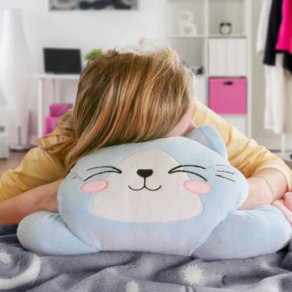 Light blue cat-shaped pillow with pink cheeks, perfect as a Cat Neck Pillow-Blue Glow