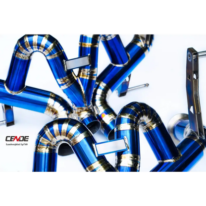 Blue Titanium Catback Exhaust Manifolds showcasing stunning blue and gold exhaust pipes