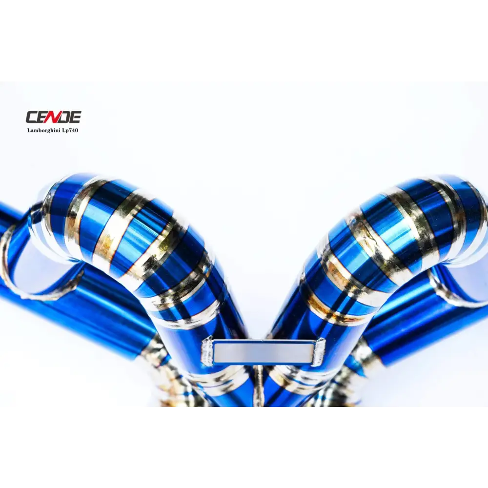 Blue and gold exhaust manifold from Blue Titanium Catback Exhaust Manifolds