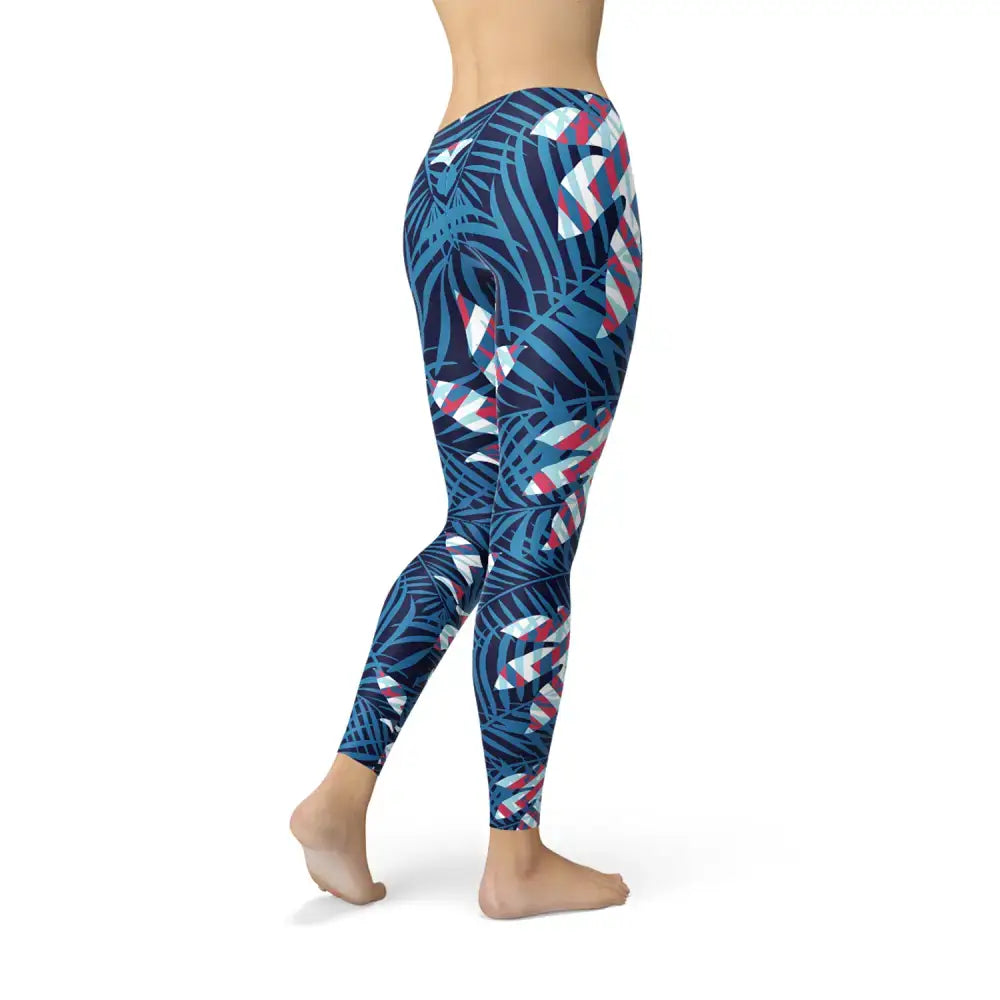 Blue Tropical Leaf Leggings with vibrant patterns for a stylish active look