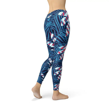 Blue Tropical Leaf Leggings with vibrant patterns for a stylish active look