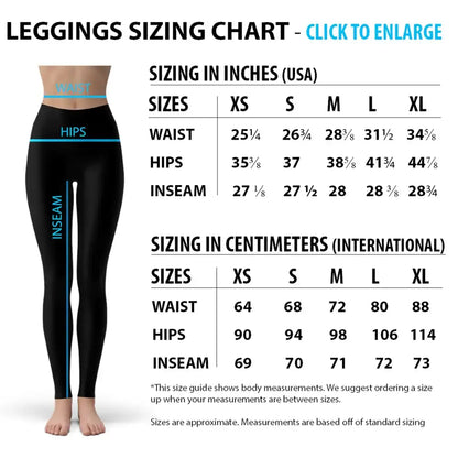 Leggings sizing chart for Blue Tropical Leaf Leggings with stylish leaf pattern