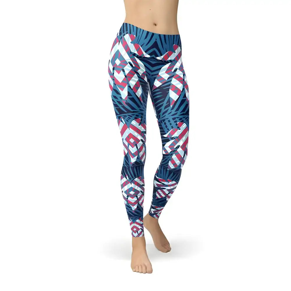 Stylish Blue Tropical Leaf Leggings with vibrant patterns for an eye-catching look