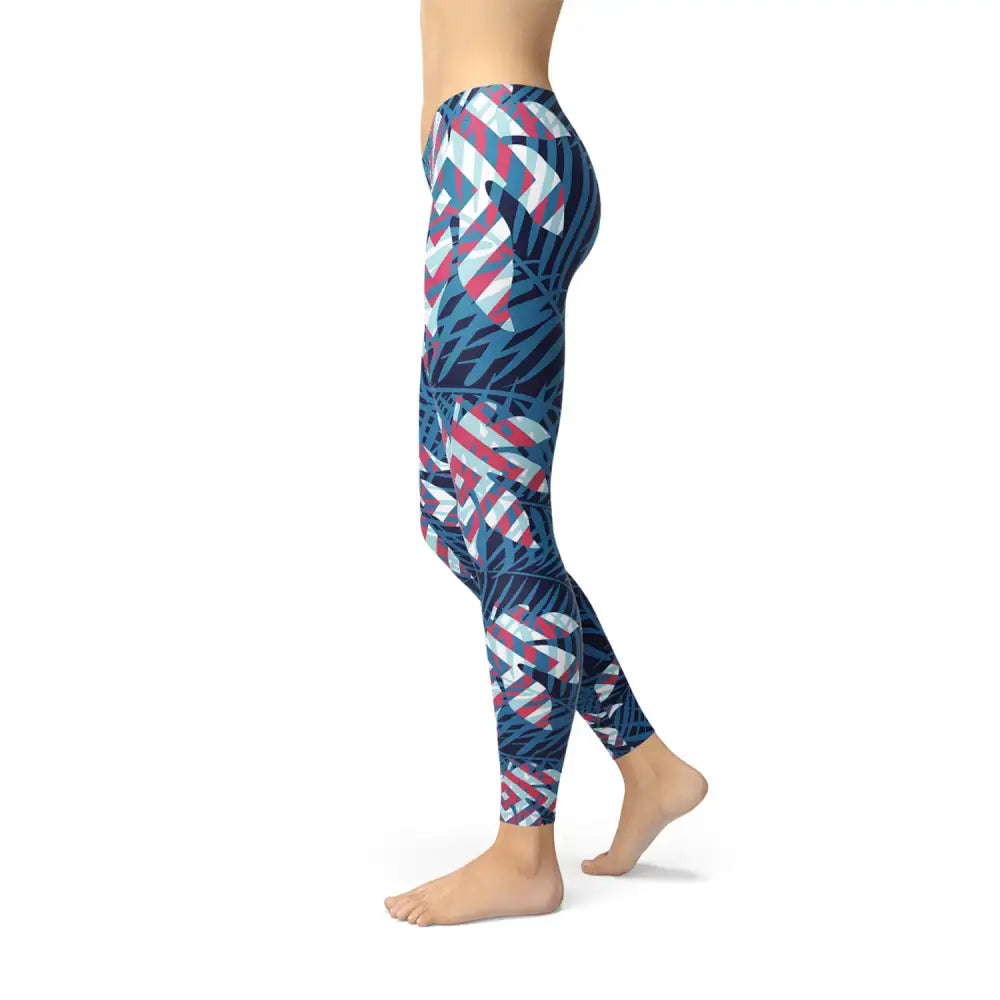 Stylish Blue Tropical Leaf Leggings with a vibrant pattern for casual wear