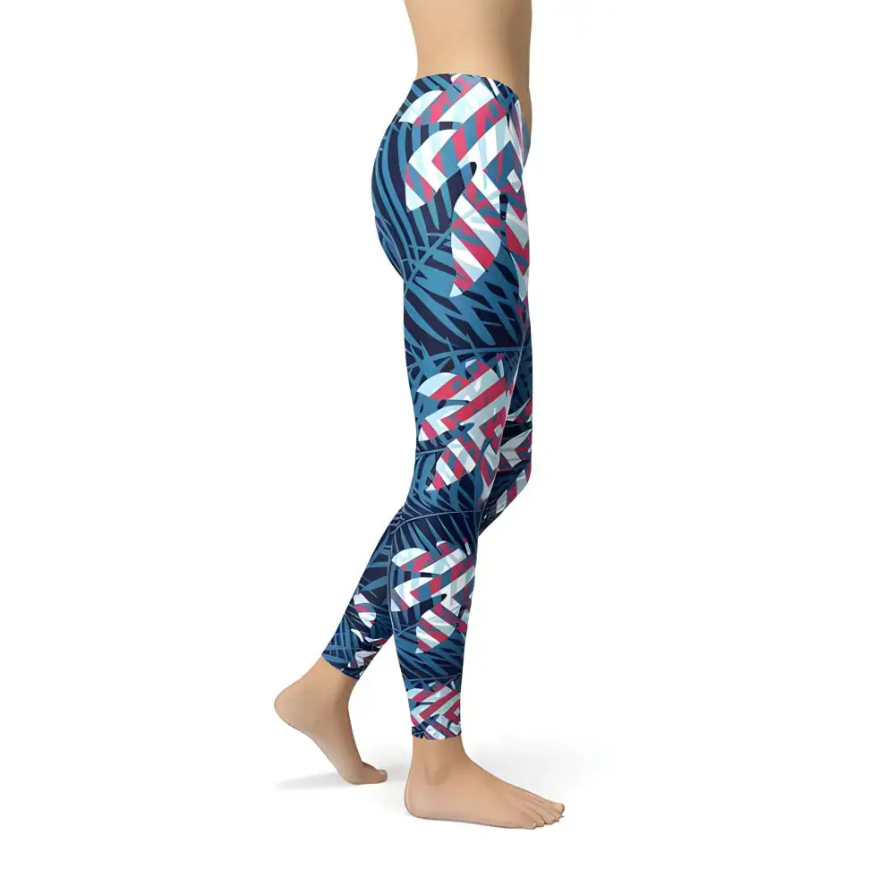 Stylish Blue Tropical Leaf Leggings featuring a vibrant tropical leaf pattern