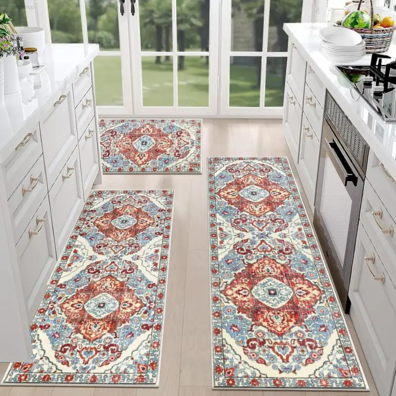 Boho Chic Kitchen Rug Set with Washable Non-Slip Design for Stylish Home Chefs - E