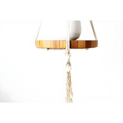 Hanging wooden shelf with macrame tassel for stylish plant macrame display