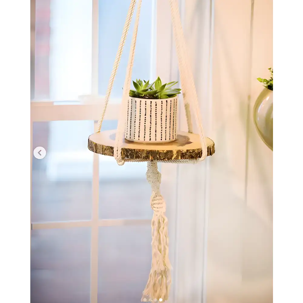 Hanging wooden plant shelf in Boho Macrame Plant Hanger style for your favorite plants