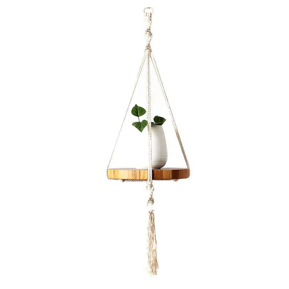 Boho Macrame Plant Hanger Shelf featuring a hanging macrame plant hanger with vase