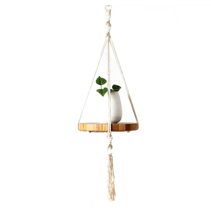 Boho Macrame Plant Hanger Shelf featuring a hanging macrame plant hanger with vase