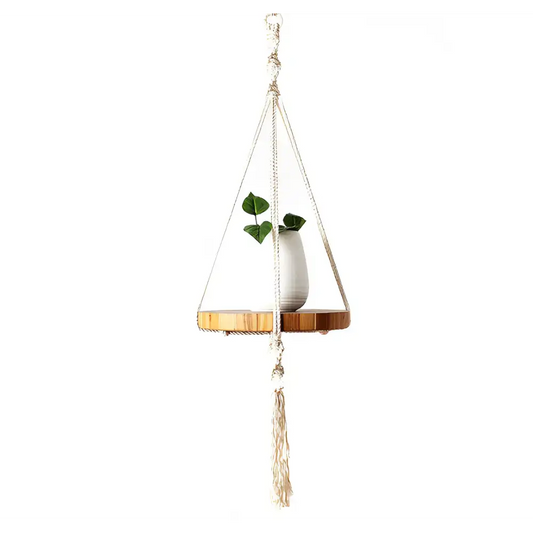 Boho Macrame Plant Hanger Shelf featuring a hanging macrame plant hanger with vase