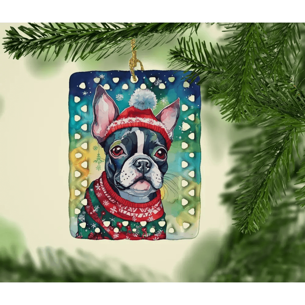 Boston Terrier Christmas Porcelain Ornament for Personalization - Estalios