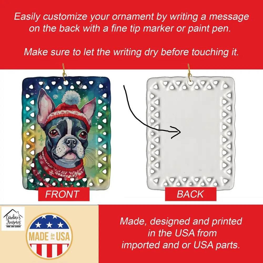 Boston Terrier Christmas Porcelain Ornament for Personalization - Estalios